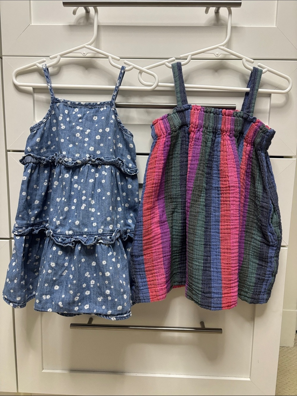 2 GAP Sundresses - Denim floral & colorful stripes - Size 2 years toddler